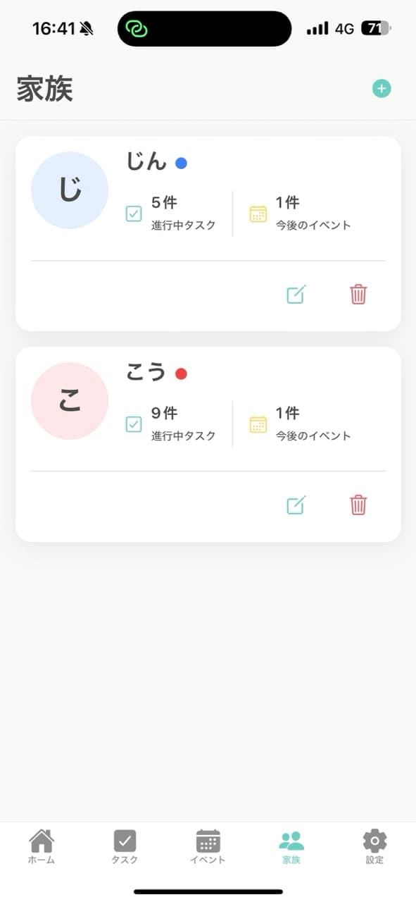 子ども別に持ち物を管理する画面